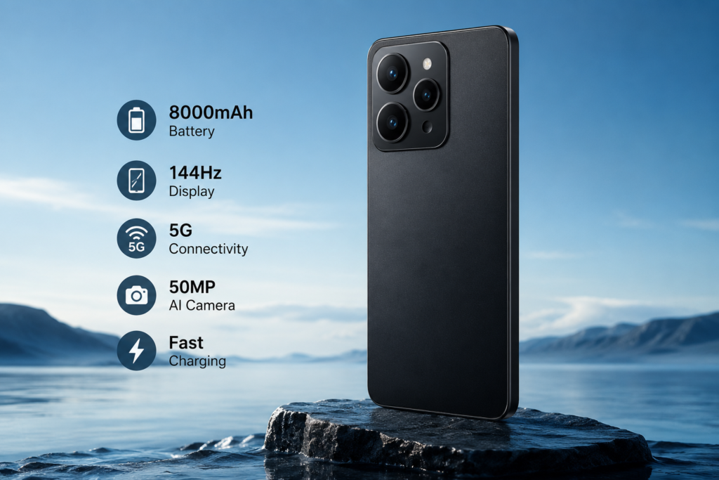 Realme P4R 5G smartphone with 8000mAh battery and 144Hz display