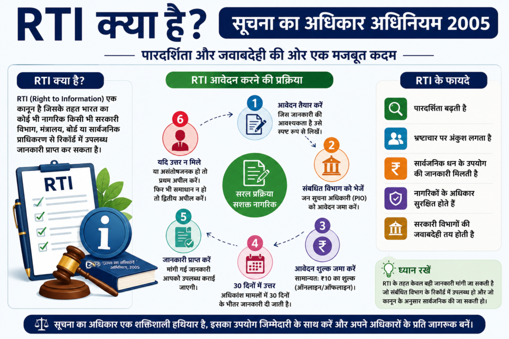 RTI क्या है? सूचना का अधिकार अधिनियम 2005 की जानकारी दर्शाता इन्फोग्राफिक