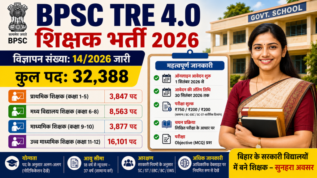 BPSC TRE 4.0 शिक्षक भर्ती 2026 का नोटिफिकेशन और 32,388 पद